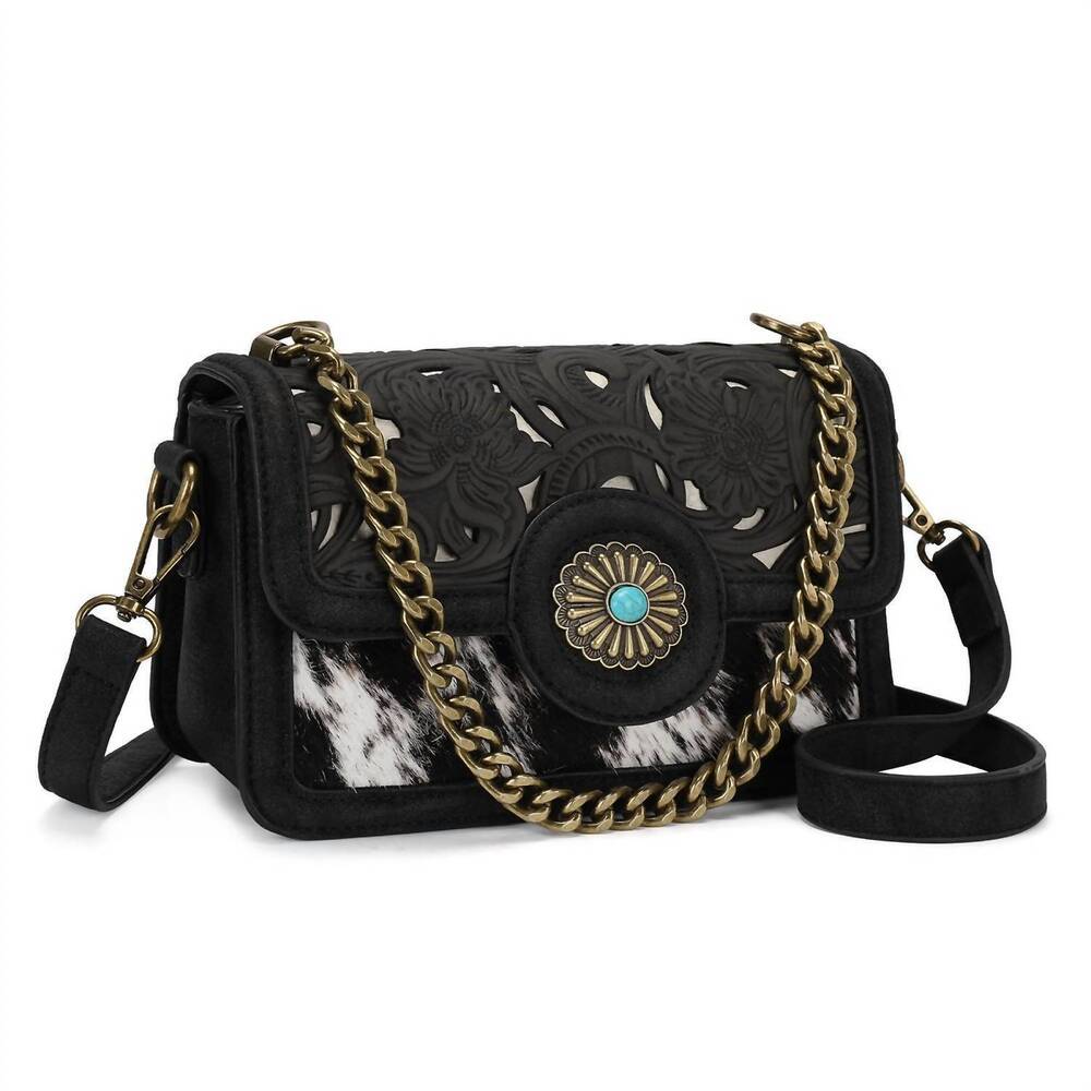 NEW TRINITY RANCH cowhide floral cutout crossbody bag in black